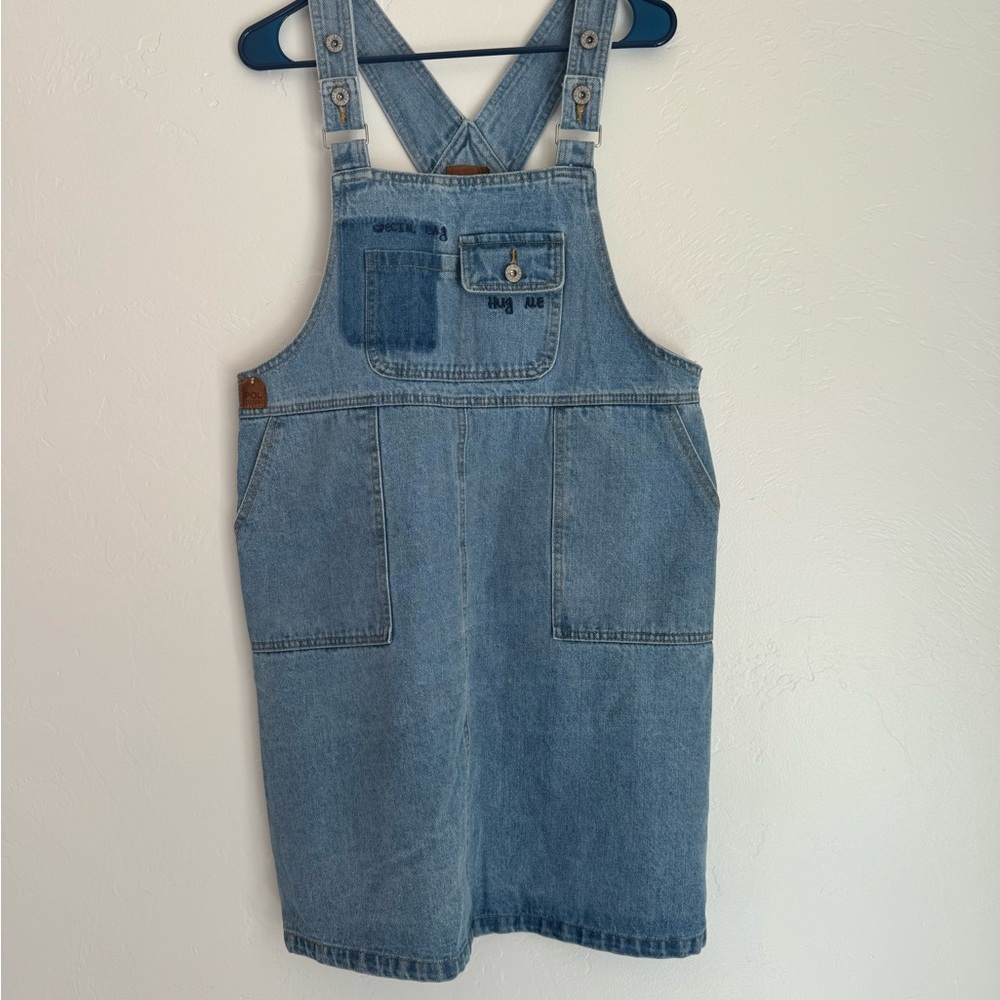 POL Blue Denim with Brown Leather Patch overall dress